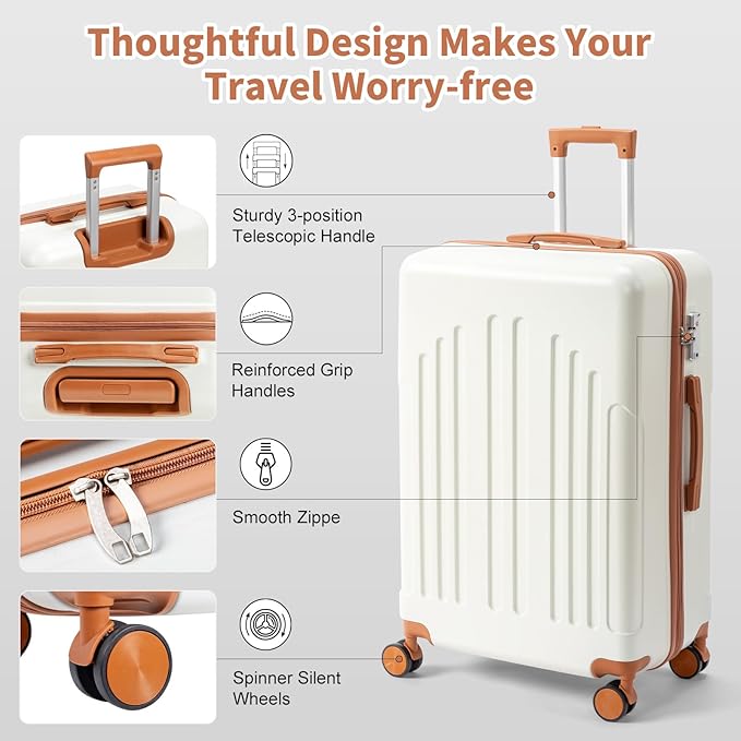 Karl home 28 Inch Check-in Luggage with Spinner Wheels, ABS Hardshell Checked Suitcase with TSA Lock, Durable Large Suitcase Rolling Luggage for Men Women, White & Brown