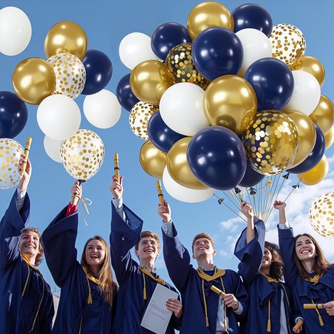 Navy Blue Gold Confetti Balloons Set,50pcs 12inch Royal Dark Blue Metallic Gold White Latex Balloons with Ribbon for Birthday Wedding Graduation Bridal Shower Party Decorations