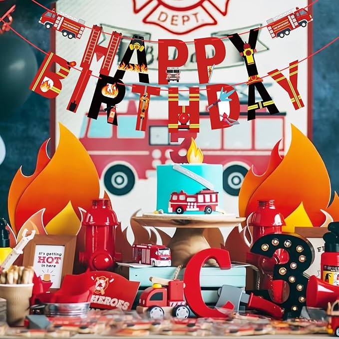 Fire Truck Happy Birthday Banner Sign, Fire Engine Rescue Birthday Bunting Banner Flag Garland for Kids Boys Fire Truck Party Carnival Party Decorations Supplies