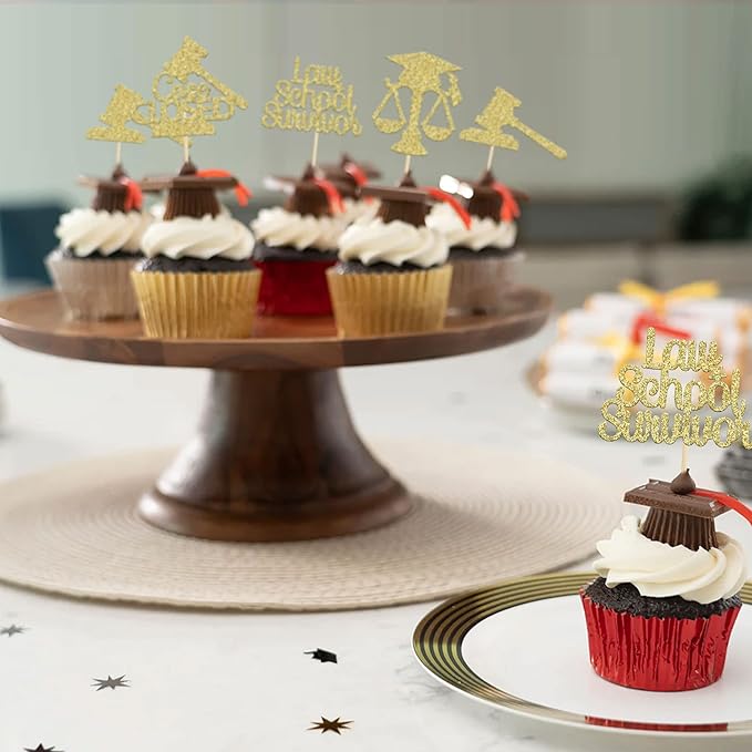 Gyufise 24Pcs Lawyer 2026 Graduation Cupcake Toppers Gold Glitter Class of 2026 Grad Cap Law School Survivor Cupcake Picks for 2026 Lawyer Graduation Party Cake Decorations Supplies