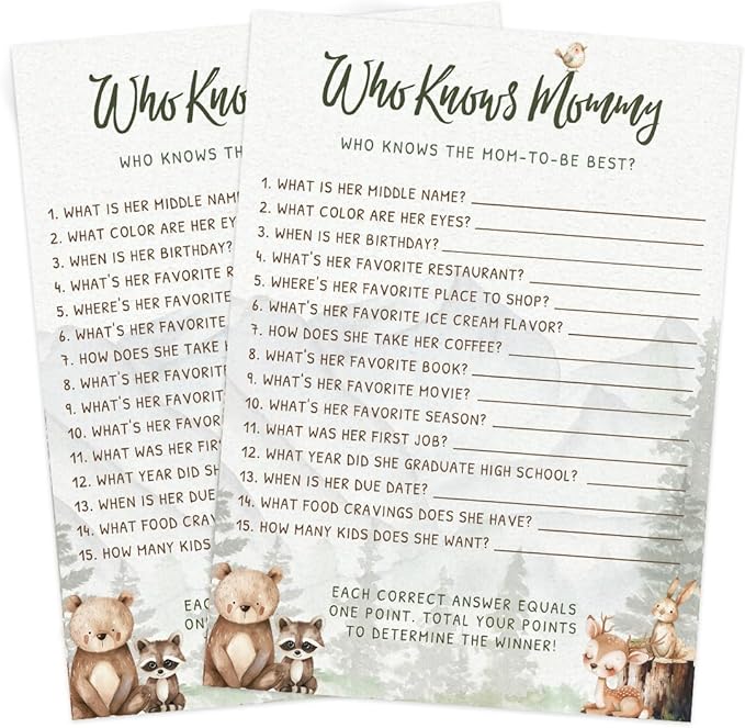 Printed Party Woodland Baby Shower Games for Boy – Set of 4 Games for 30 Guests, Forest Animal Theme, Includes Bingo, Mommy Trivia, Icon Storybook Phrases, and Guess Who Mommy or Daddy