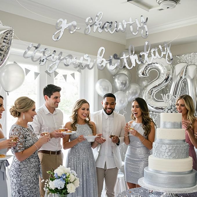 BEISHIDA Go Shawty It's Your Birthday Banner NO DIY Hip Hop Theme Happy Birthday Banner Pre-Strung Rap Theme Happy Birthday Sign for Man Women birthday Party Supply Double-Sided Bright Silver