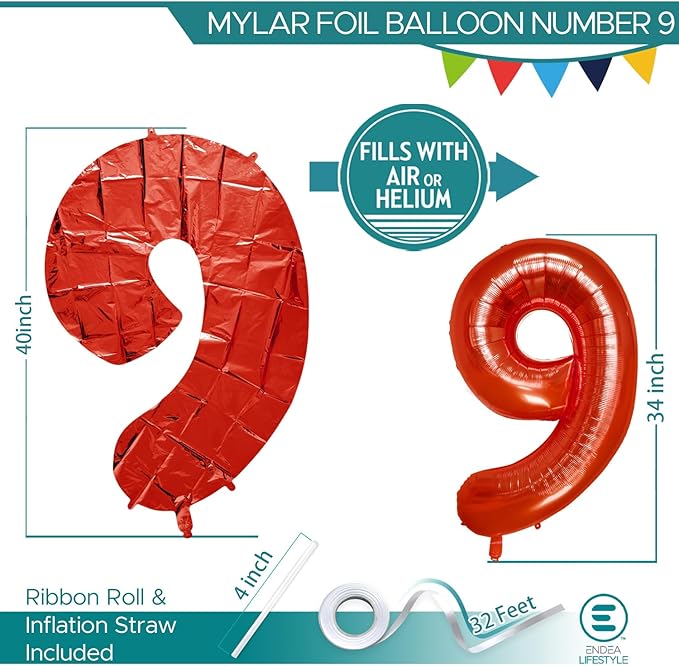 40 Inch Large Red Number Celebration and Decoration Balloon for Birthday Parties, Graduations, Anniversaries, Weddings, Photo Shoots, Special Events - Helium Foil Mylar (Red Number 9)