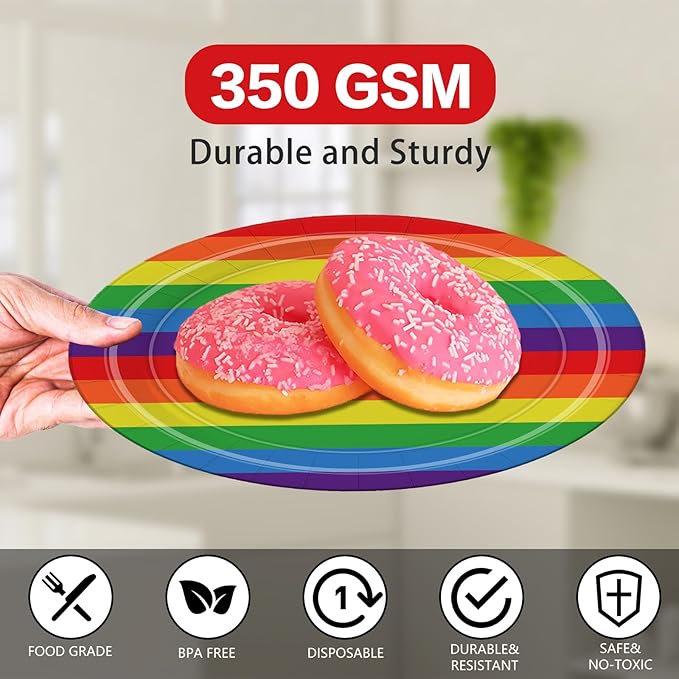 168Pcs Pride Paper Plate and Napkins Rainbow Party Supplies Disposable Tableware Set for Colorful Stripes Party Decorations Serve 24 Guests