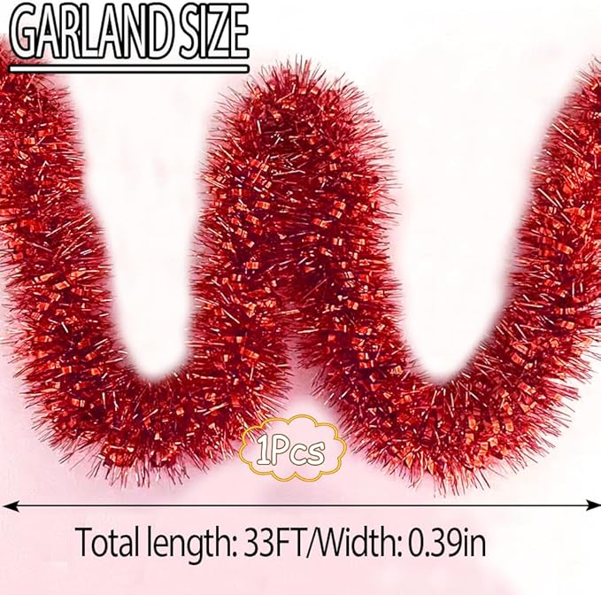 33Ft Christmas Tinsel Garland Shiny Thick Tinsel Xmas Tree Decorations Metallic Twist Foil Red Garland for New Year Parties Valentines Day Easter Parade Floats Indoor Outdoor Supplies - Red