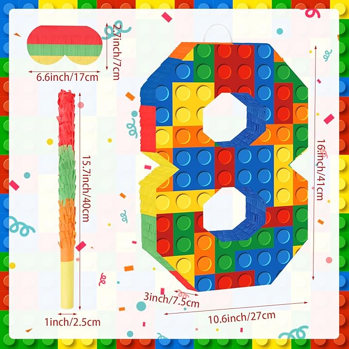 Number 8 Pinata Building Blocks 8th Birthday Party Decorations with Pinata Stick Blindfold for Kids Happy Birthday Building Block Theme Party Supplies (Small, 16 x 10.6 x 3 In)