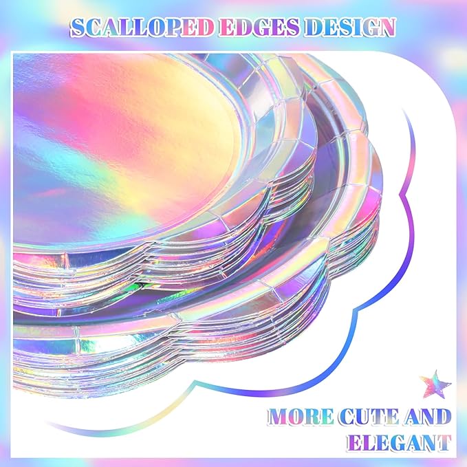 200 Pcs Iridescent Party Supplies Decorations, 25 Guest Scalloped Iridescent Graudation Plates and Napkins Bachelorette Decorations Holographic Tableware for Birthda Bridal Wedding Disco