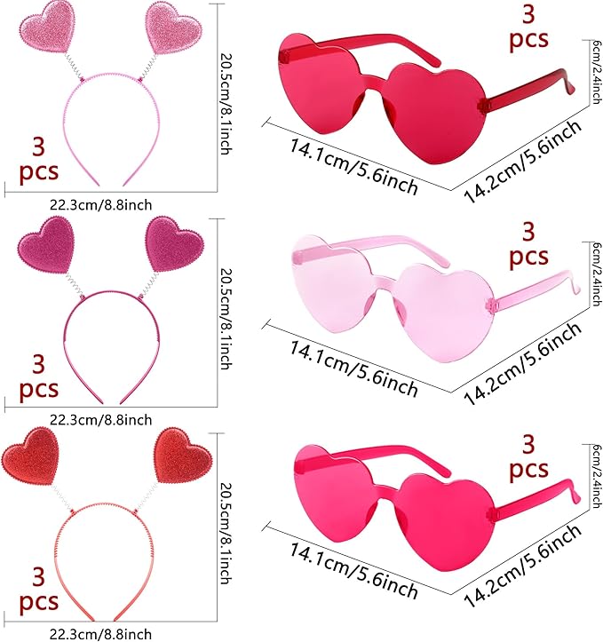 18 Pack Valentine's Day Glitter Heart Headband and Heart Shaped Sunglasses for Valentine's Day Wedding Party Supplies