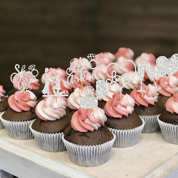 60 Pcs He Asked She Said Yes Cupcake Toppers,Engagement Cupcake Toppers Glitter Diamond Ring Heart Love I Do Cupcake Picks for Engagement Wedding Party Cake Decorations,Silver