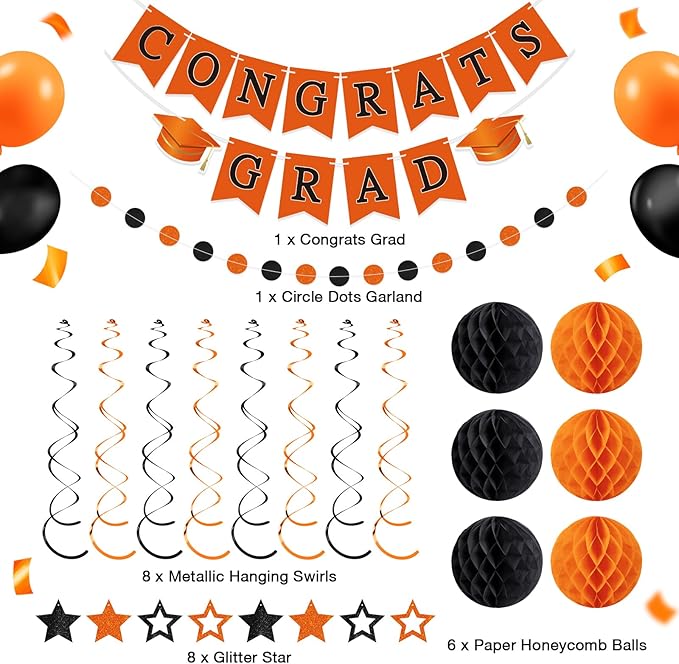 Congrats Grad Banner 2026 Graduation Decoration with Hanging Swirl Honeycomb Ball Circle Garland Grad Party Supplies for College Senior High School Classroom Decor(Orange and Black)