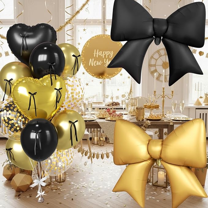 Paready Black and Gold Heart Balloons, 38 Inch Bow Balloons, Metallic Gold Confetti Balloon and Bow Heart Shaped Foil Balloon for Prom Birthday Wedding Bridal Baby Shower Valentines Day Decorations