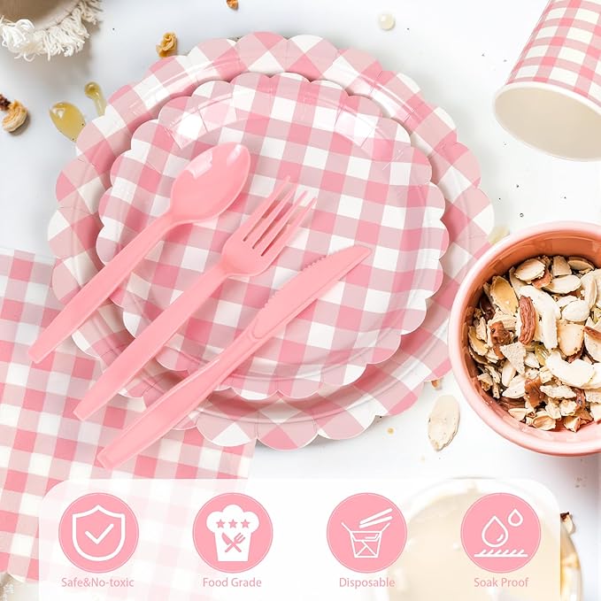168PCS Party Plates, Pink Scalloped Gingham Paper Plates and Cups and Napkins Sets Party Supplies for Birthday Wedding Bridal Shower Baby Shower Picnic, Serve for 24 Guests, Pink