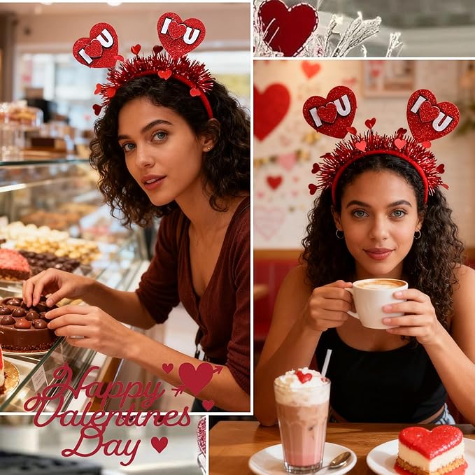 Valentines Headband with 3d Heart Designs Shiny Red Tassel Head Bopper Red Heart Headbands Sign Love Letters Headband for Valentines Lover Party Hair Accessory Supplies 1pcs