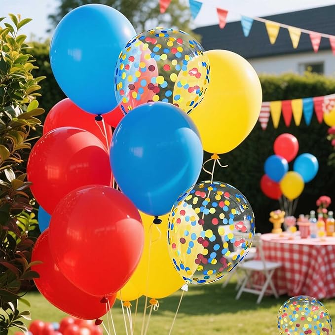 Red Yellow and Blue Balloons with Confetti Balloons 12 inch Latex Balloons 80 Pcs for Wedding Birthday Baby Shower Party Decorations