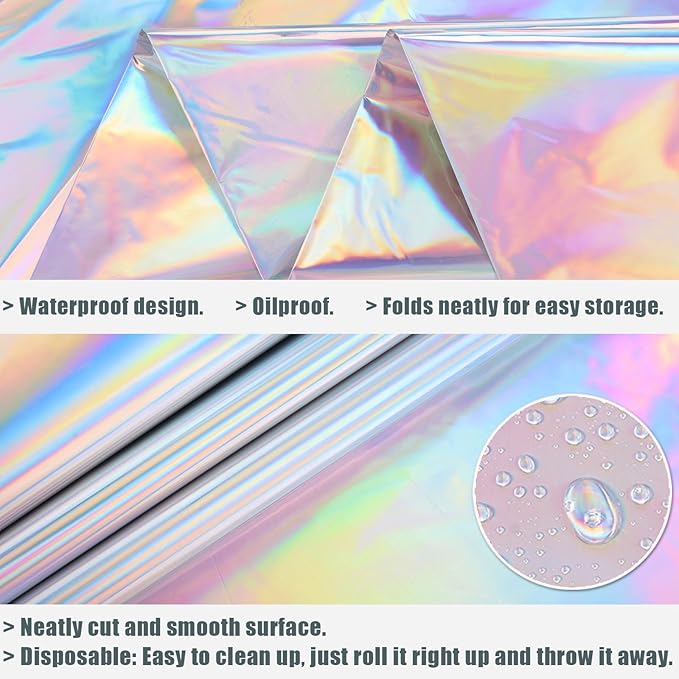 3 Packs Iridescent Plastic Tablecloths 54 x 108 Inch Shiny Disposable Laser Rectangle Table Covers Holographic Foil Table Cloths for Disco Ball Decor Carnivals Parties