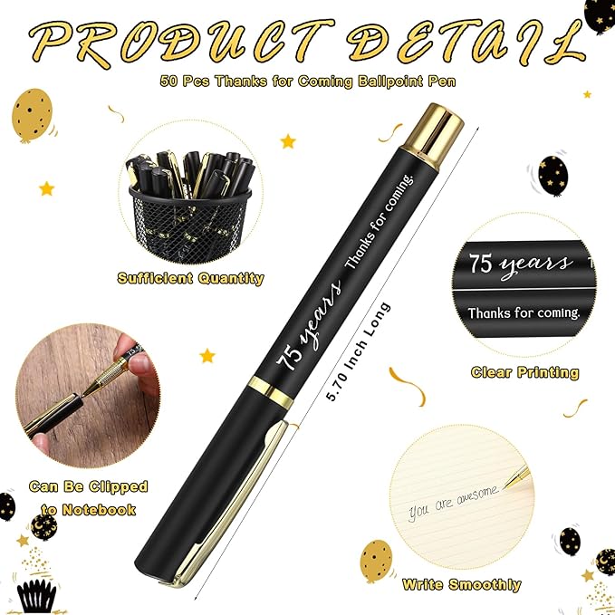 Spakon 25 Set 75th Birthday Party Favor for Guest Anniversary Party Favor Golden Birthday Bookmark Thanks for Coming Pen with Tag Appreciation Gifts for Women Men Wedding New Year