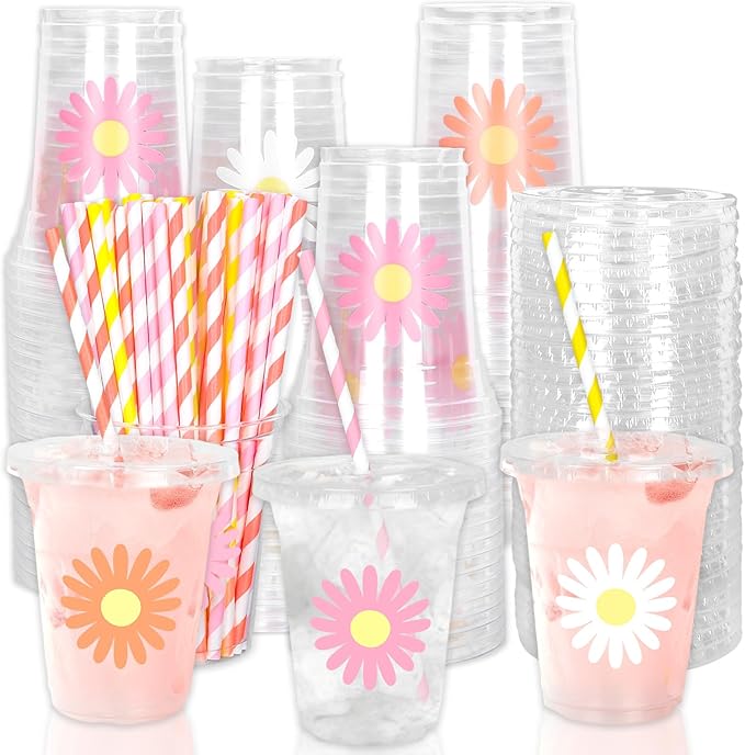 Whaline 60Pcs Daisy Disposable Plastic Cups with Lids and Straws White Pink Orange Daisy Flower Cold Beverage Drinking Cups for Wedding Birthday Baby Shower