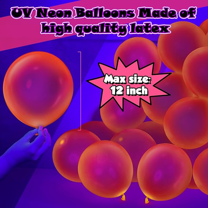 100 Pcs UV Neon Orange Balloons 12 inch Neon Party Supplies, Balloons, Glow in the Dark for Birthday, Graduation, Baby Shower,Wedding, Anniversary Valentines Party Decorations