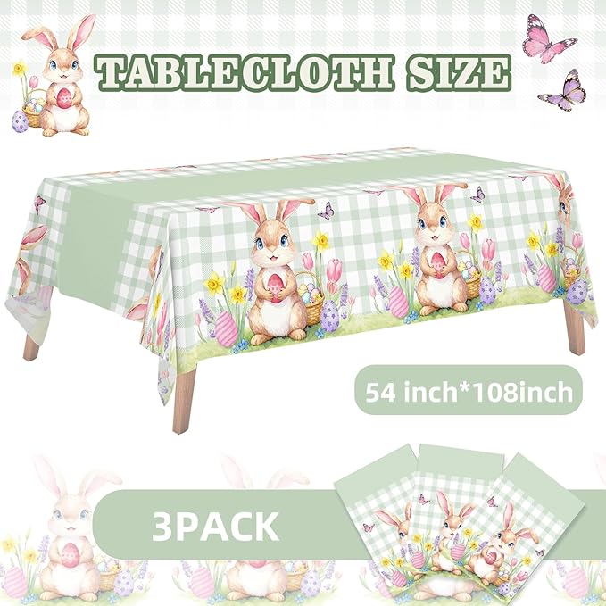 3 Pack Easter Bunny Tablecloth, Disposable Plastic Easter Table Decorations for Spring Party, Easter Decorations for Home, 54x108 Inch