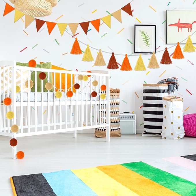 Irenare 9.8ft Pom Pom Garland Felt Rainbow Garland Graduation Party Decoration Colorful Pennant Tassel Banner Birthday Baby Shower Triangle Banner for Classroom School Mantel Fireplace(Autumn Colors)