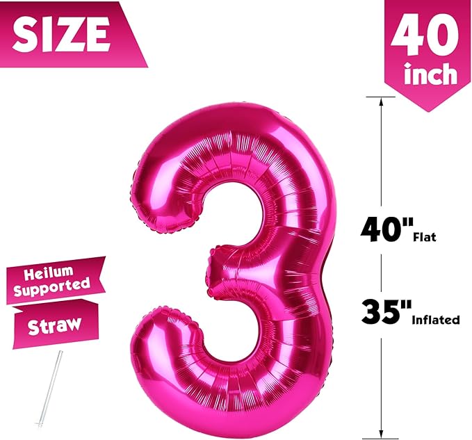 40 Inch Hot Pink Number 3 Balloon, Giant 3 Number Balloons for 3rd Birthday Decorations, Party Supplies for Baby Boy Girl, Hot Pink Party Decor