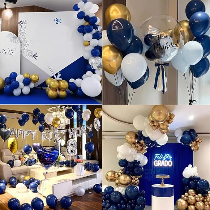 200 Pcs Navy Blue Gold and White Balloons 12 Inch Latex Metallic Chrome Balloon Arch Garland Kit for Birthday Wedding Bridal Baby Shower Supplies Graduation Party Decorations