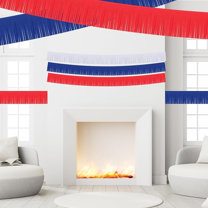 Taiyin 12 Pack 120 Feet 4th of July Decor Patriotic Fringe Garland Red White Blue Paper Fringe Garland Streamers Banner Independence Day Hanging Backdrop Table Skirts for Memorial Day Birthday Party
