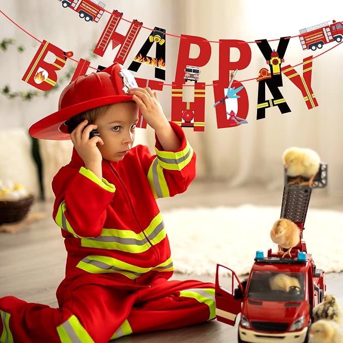 Fire Truck Happy Birthday Banner Sign, Fire Engine Rescue Birthday Bunting Banner Flag Garland for Kids Boys Fire Truck Party Carnival Party Decorations Supplies