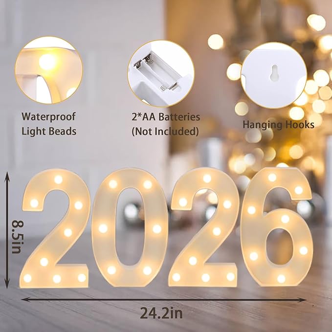 2026 LED Marquee Light Up Numbers, 4 LED Marquee Numbers for New Year Decorations 2026 graduation decorations，Class of 2026 Graduation Decorations Sign for Kindergarten Preschool High School College Wall Table Decor Party Supplies