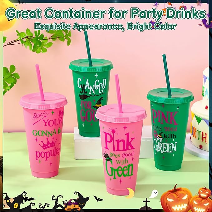 12 Pcs Pink Green Plastic Cups with Lids and Straws 24 oz Reusable Tumbler for Witch Princess Enchanted Theme Parties Birthdays Bachelor Party Decoration