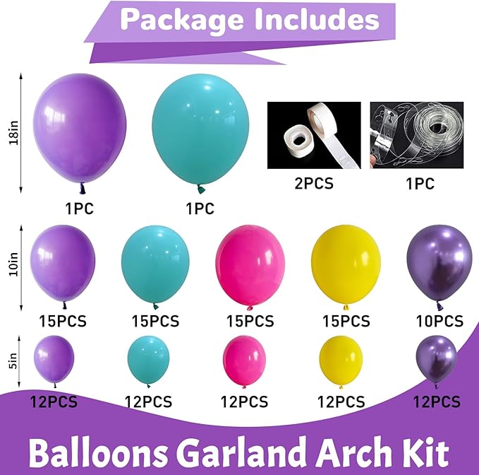 Pink Blue Purple Balloons Garland Arch Kit 132 Pcs Hot Pink Metallic Purple Teal Yellow Latex Helium Balloon Garland for Kids Magic Theme Baby Shower Mermaid Birthday Princess Party Decoration