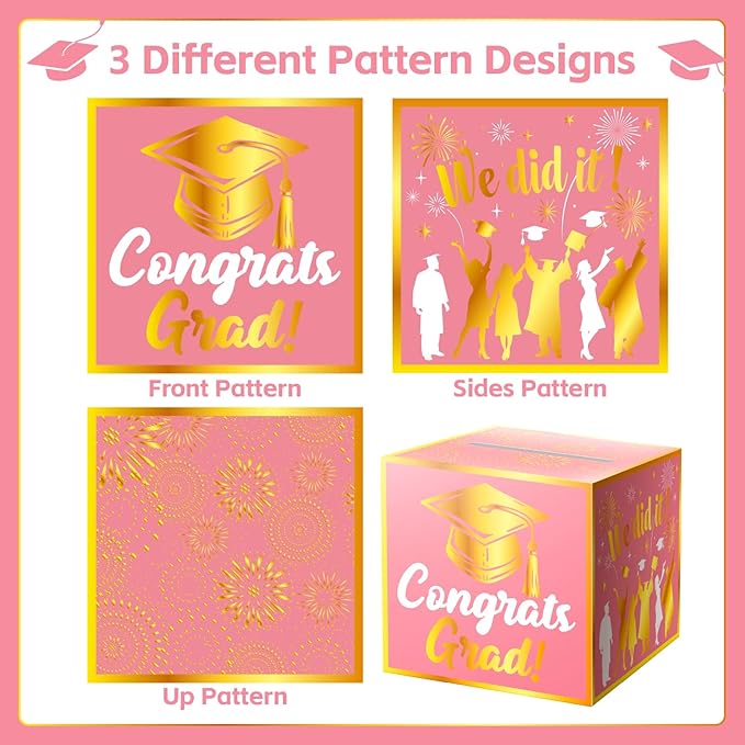 Graduation Card Box Holder, Congrats Grad Foldable Cardboard Decorations Box for Graduation Party Favors Decor Party Supplies (Pink Gold)