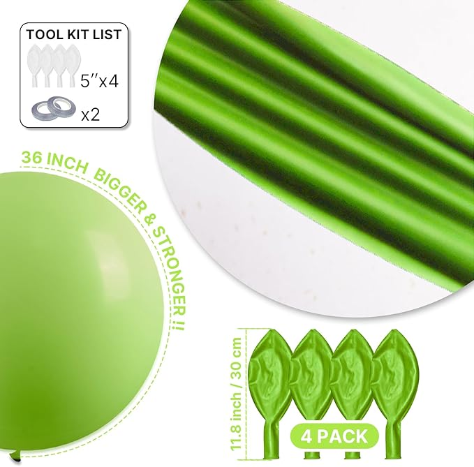 PartyWoo Lime Green Balloons 4pcs 36 Inch Light Green Latex Helium Balloons for Graduation Wedding Baby Shower Anniversary Birthday Dinosaur Jungle Golf Football Theme Party Decorations Green-Y6
