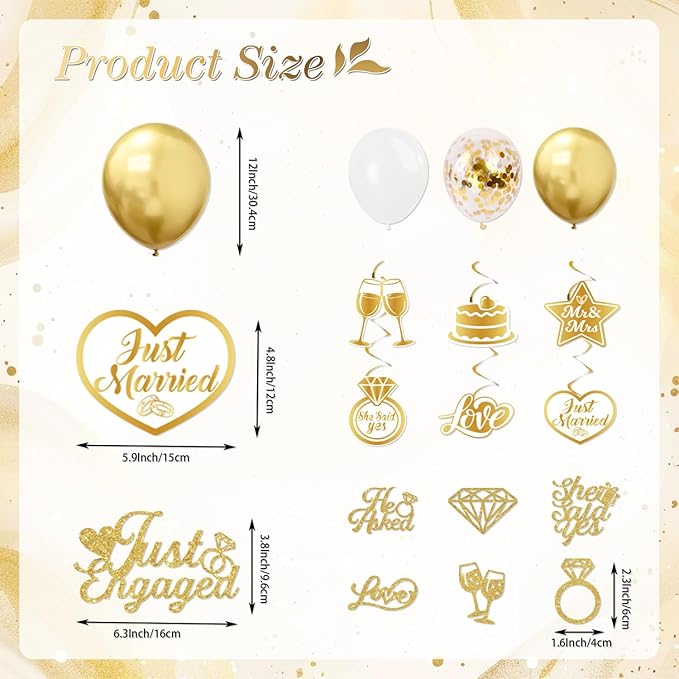 Engagement Party Decorations - Just Engaged Decorations Happy Engagement Banner Backdrop Balloons Hanging Swirls for Congratulations Wedding Bachelorette Party Decorations (White-Gold)