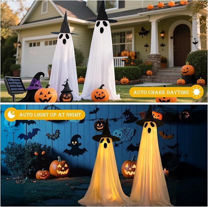 2 Pack Halloween Decorations Outdoor, Solar Light Up Spooky Ghost Decorations, Waterproof Solar Halloween Lights Outdoor Ghost Decor for Yard, Porch, Pathway, Haunted House Party Decor