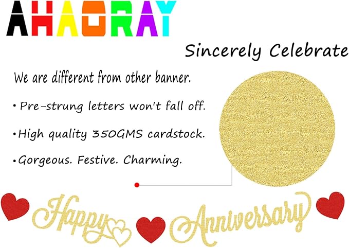 Pre-Strung Happy Anniversary Banner - Gold Glitter Decorations, Perfect for Wedding & Work Anniversary Parties, Photo Booth Props
