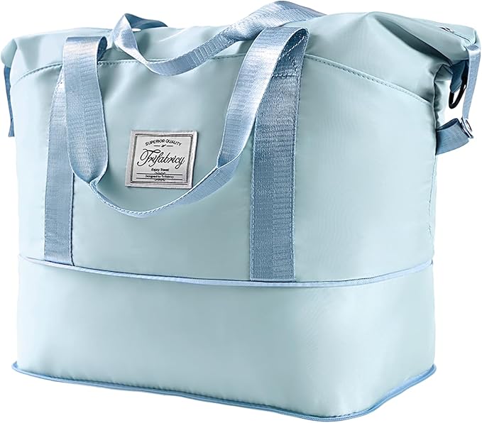 Travel Duffel - Large Shoulder Weekender Overnight Carry on With Wet Pocket, Waterproof Expandable Bag With Trolley Sleeve, Sports Tote Gym for Women, Blue