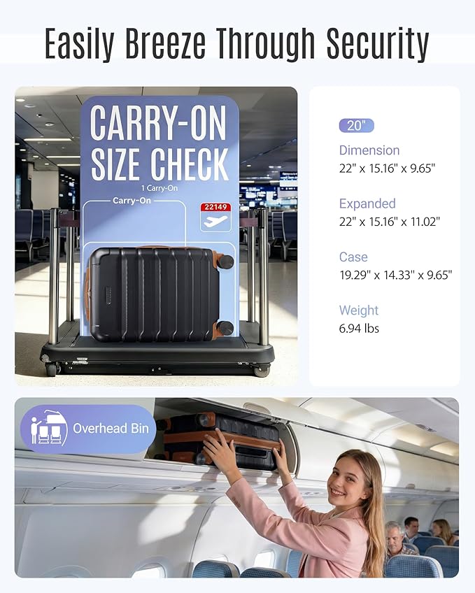 LIGHT FLIGHT Carry On Luggage 22x14x9 Airline Approved, Expandable Carry On Suitcases with Wheels, Lightweight Luggage, Durable Hard Shell 20 Inch Rolling Suit Case for Men Women Travel Black/Brown