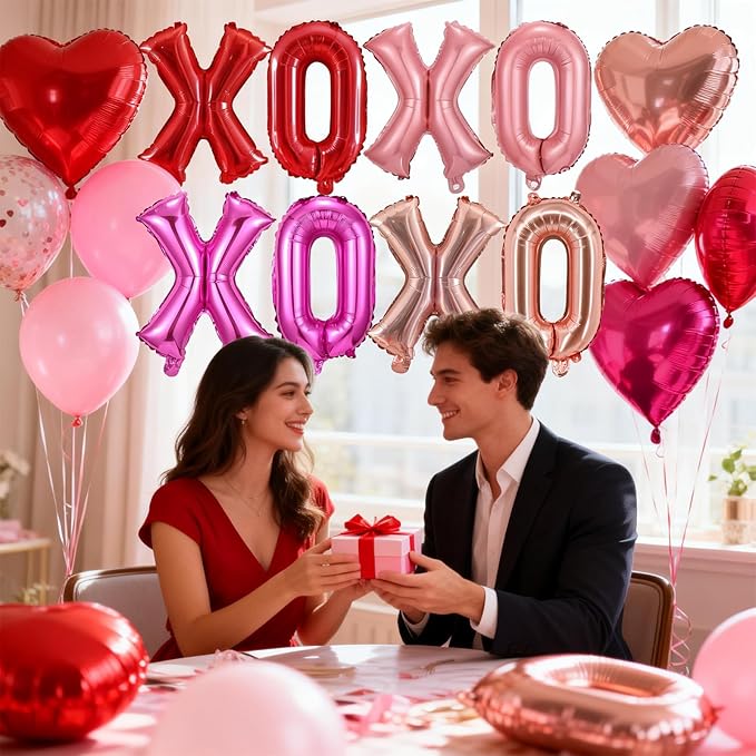 16 Pcs XO Valentines Balloons, 16 Inch Red Pink XOXO Letters Foil Mylar Balloons Banner Valentine Day Balloon Decorations for Romantic Galentines Day Bridal Shower Engagement Anniversary Party Decor
