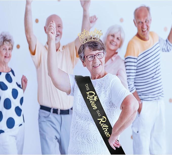 Retirement Gifts for Women - Retired Women Retirement Party Decorations, Black Gold Sash and Tiara -The Queen Has Retired! Queen Theme Party Favors, Rhinestone Headband.