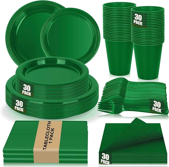 Green Plastic Plates for Party,30 Guest Disposable Plastic Plate Set 9" Plates,7" Dessert Plates,Napkins,12 oz Cups,Forks & Tablecloth for Birthday,Picnic,Christmas