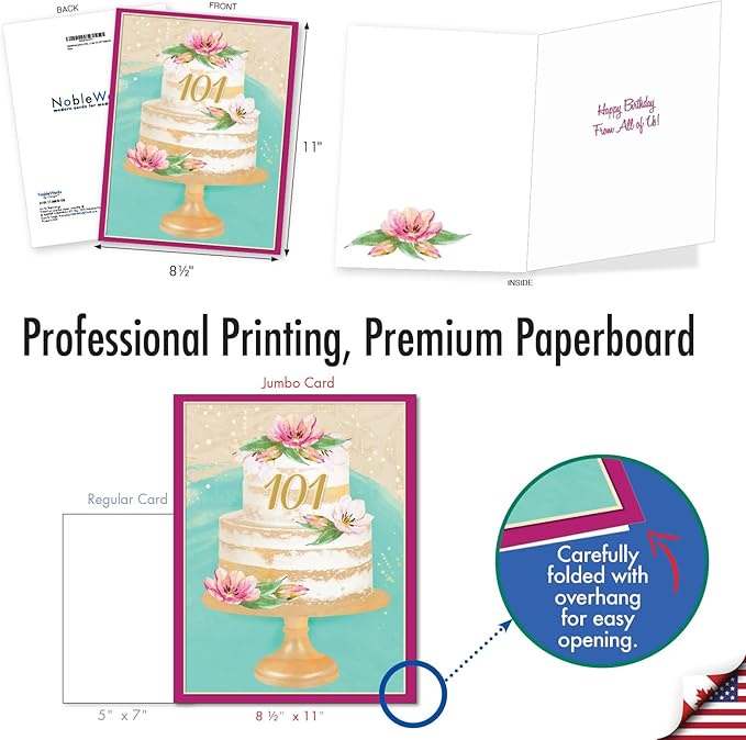 NobleWorks Jumbo 101th Milestone Birthday Greeting Card From Us 8.5 x 11 Inch with Envelope (1 Pack) Big, Jumbo Number Cake 101 J10111MBG-US