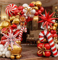 Red Christmas Balloon Garland Arch Kit, Christmas Red White Gold Balloons with Big Gingerbread Cane Windmill Star Mylar Foil Balloons, Metalic Gold Long Balloon for Happy Merry Decorations