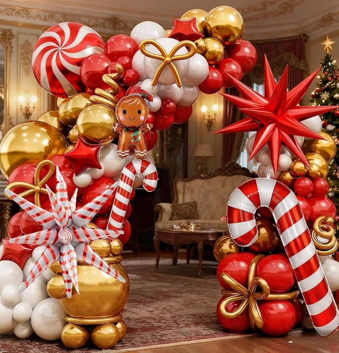 Red Christmas Balloon Garland Arch Kit, Christmas Red White Gold Balloons with Big Gingerbread Cane Windmill Star Mylar Foil Balloons, Metalic Gold Long Balloon for Happy Merry Decorations