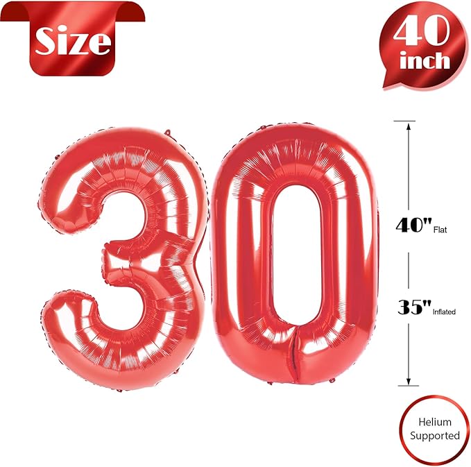 30 Balloon Number, Red Number 30th Birthday Balloons 40 Inch, 30 Years Old Red Birthday Decorations for Men Women, 30th Anniversary Decorations