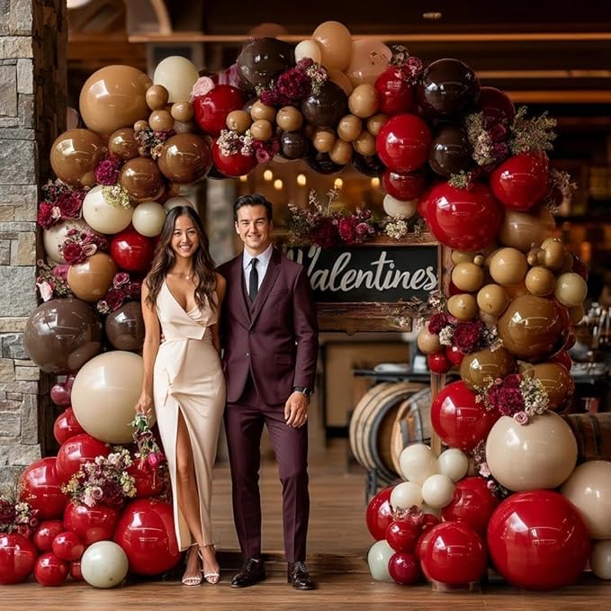 Red Balloon Garland Double Stuffed Dark Red Brown Burgundy Balloons Tan Nude White Sand Latex Balloon Arch Kit for Western Cowboy Farm Birthday Bridal Wedding Mother's Day Party Decorations
