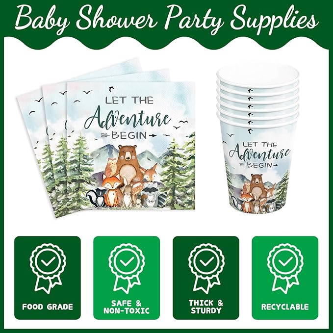 120pcs Let The Adventure Begin Party Supplies Baby Shower Plates Napkins Tableware Set Disposable Cups Green Forks Adventure Party Supplies for 24 Guests