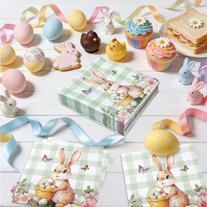 Easter Bunny Paper Napkins - 50Pcs Disposable Decorative Napkins for Easter Party, Spring Dinner, Bunny Themed Table Decorations