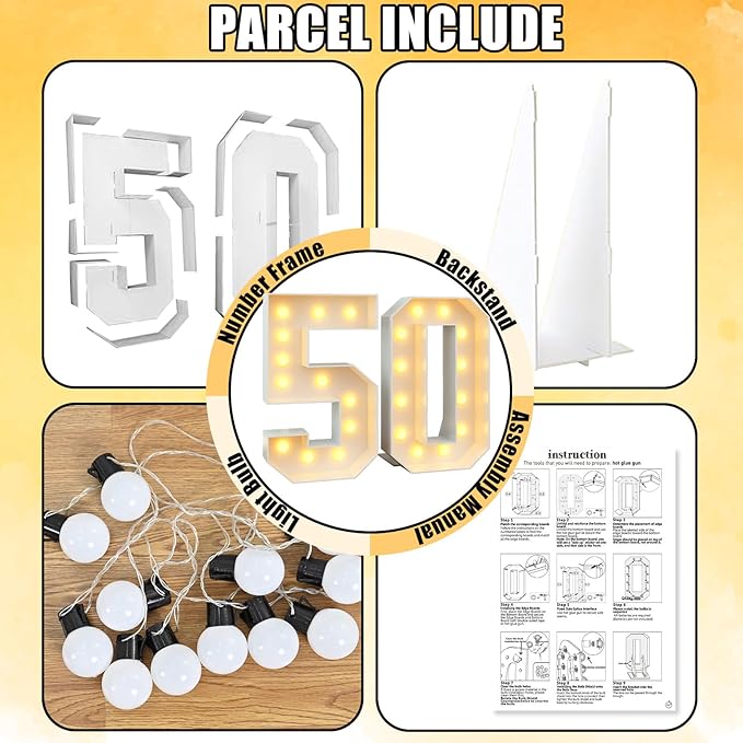 4ft Light Up Numbers Marquee 50 Numbers with Lights White Slots-in Frame for Men Women 50th Birthday Party Decorations Pre-Cut Mosaic Cardboard Large Cut-Out Thick Foam Board Sign Anniversary