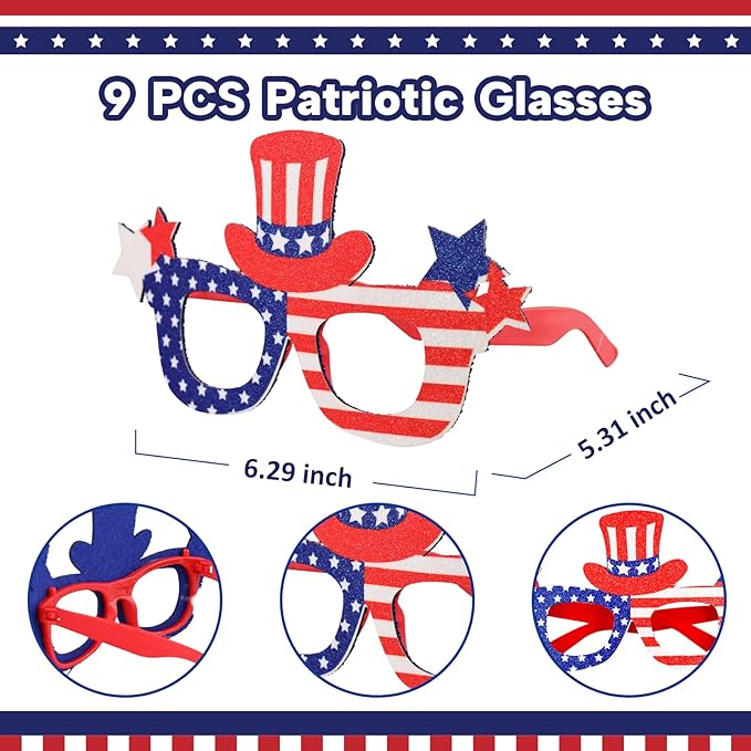 Max Fun 4th of July Accessories, 18 Pcs Patriotic Glasses and Headbands Set Fourth of July Decorations for Kids Adults Independence Day Party Favors Photo Booth Props